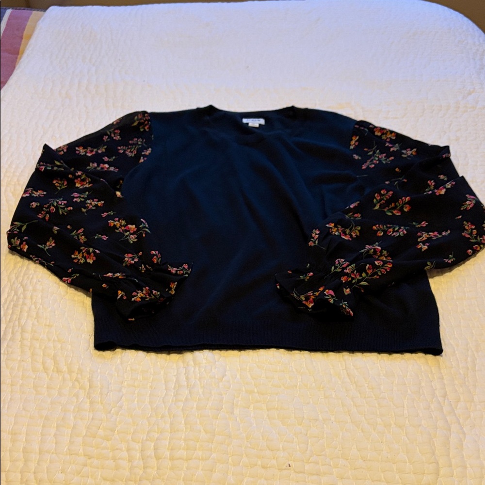 J. Crew Black Top with Floral Sleeves